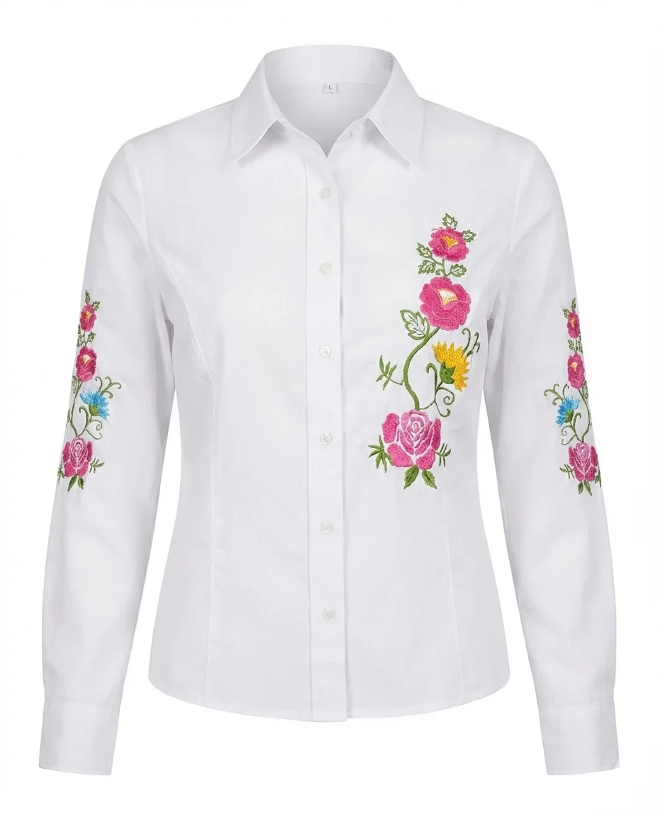Camisa bordada con rosas y claveles