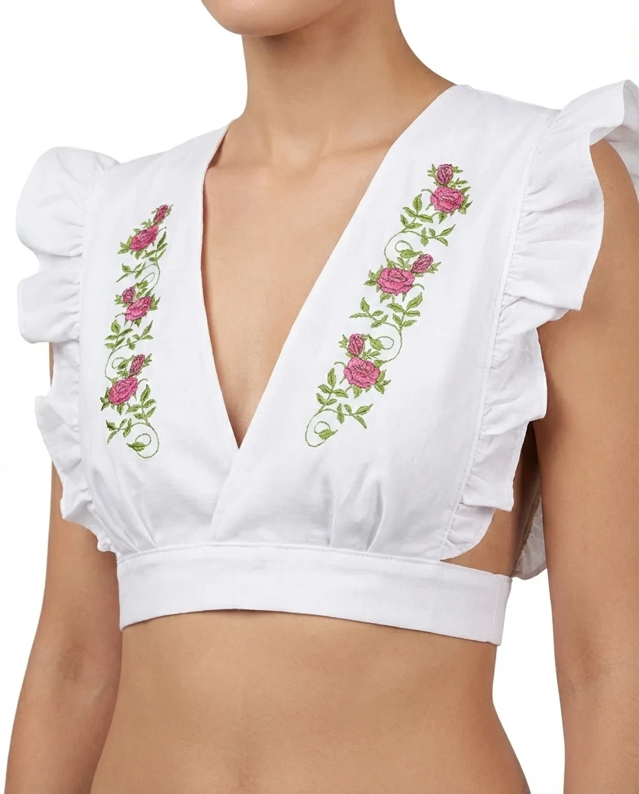 Blusa corta bordada con rosas escote en V